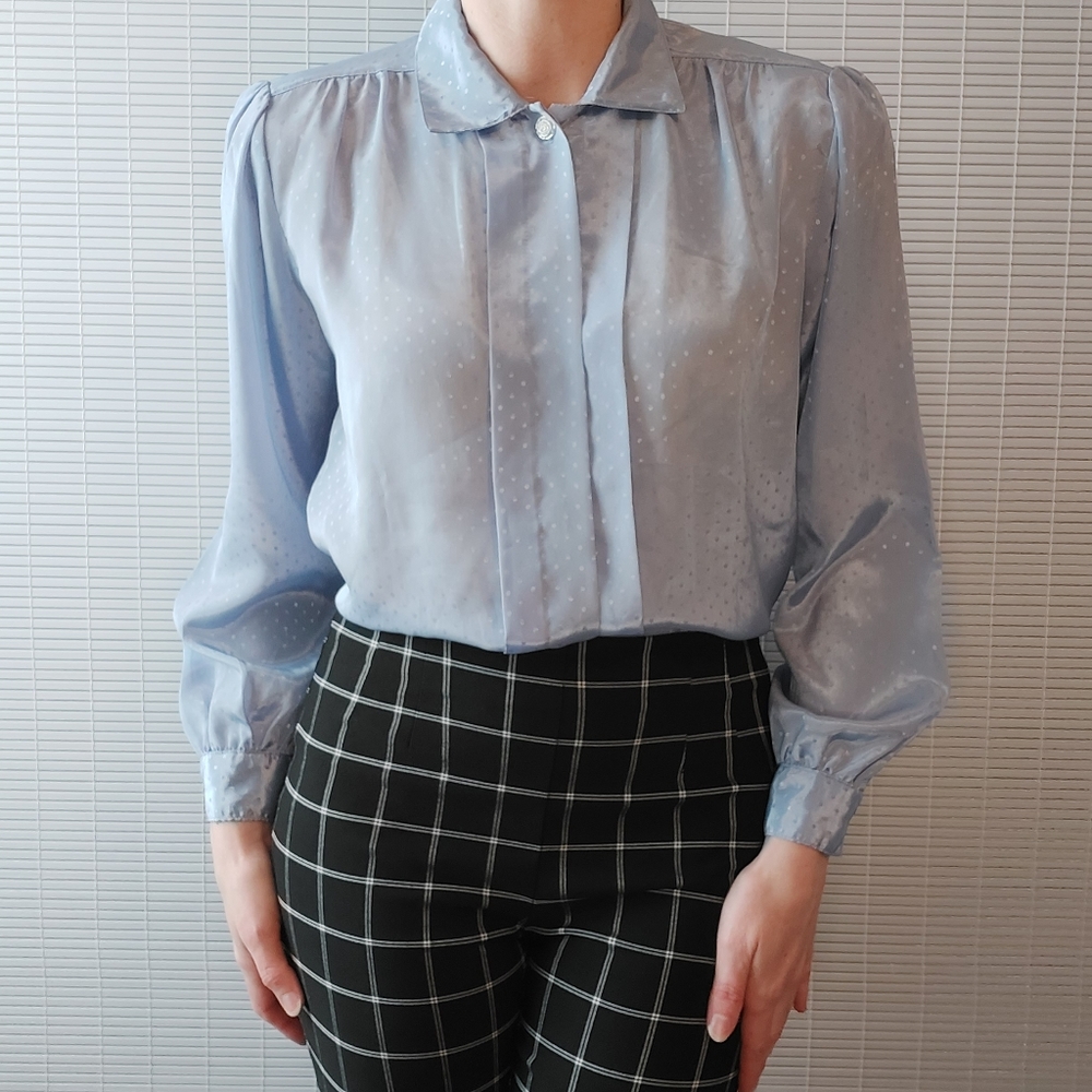 Vintage 80s Ice Blue Puff Sleeve Flowy Blouse Medium